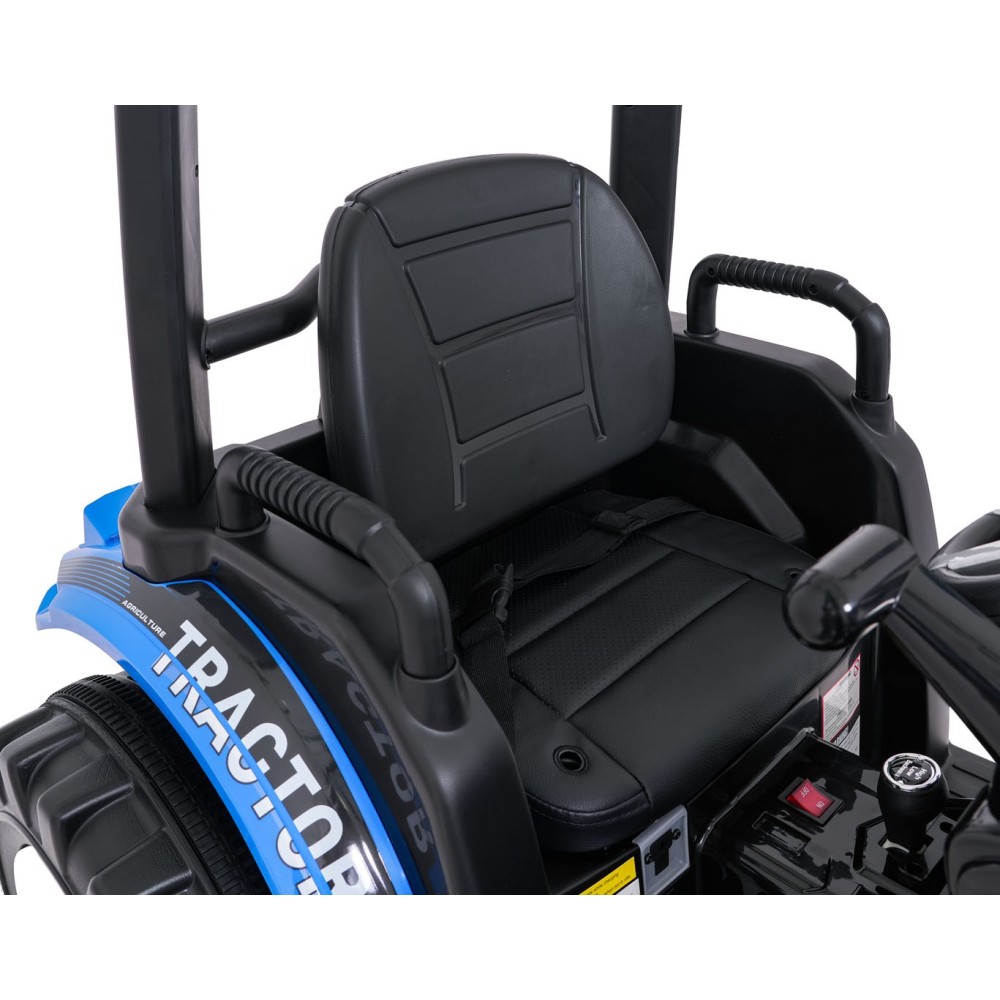JOKO Elektrický Traktor s predným nakladačom a vlečkou D68, 2x200W 24V, kožené sedadlo, celková dĺžka 233cm, modrý