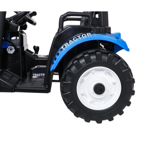 JOKO Elektrický Traktor s predným nakladačom a vlečkou D68, 2x200W 24V, kožené sedadlo, celková dĺžka 233cm, modrý