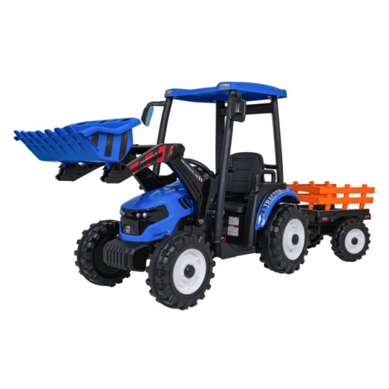 JOKO Elektrický Traktor s predným nakladačom a vlečkou D68, 2x200W 24V, kožené sedadlo, celková dĺžka 233cm, modrý