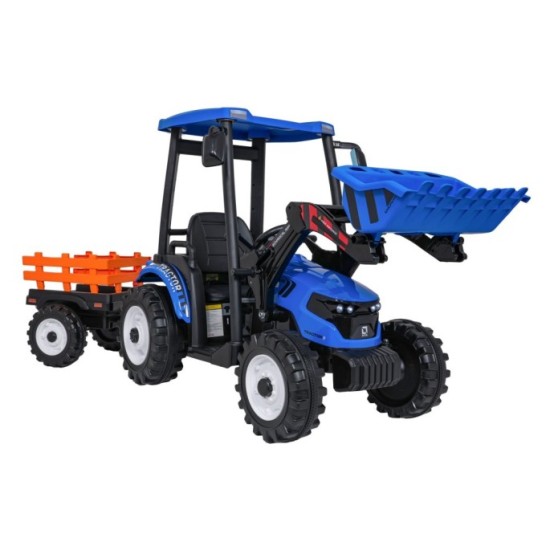 JOKO Elektrický Traktor s predným nakladačom a vlečkou D68, 2x200W 24V, kožené sedadlo, celková dĺžka 233cm, modrý