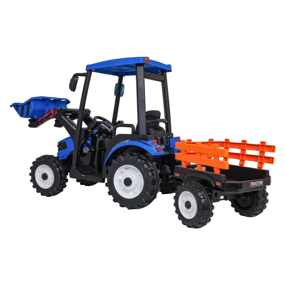 JOKO Elektrický Traktor s predným nakladačom a vlečkou D68, 2x200W 24V, kožené sedadlo, celková dĺžka 233cm, modrý