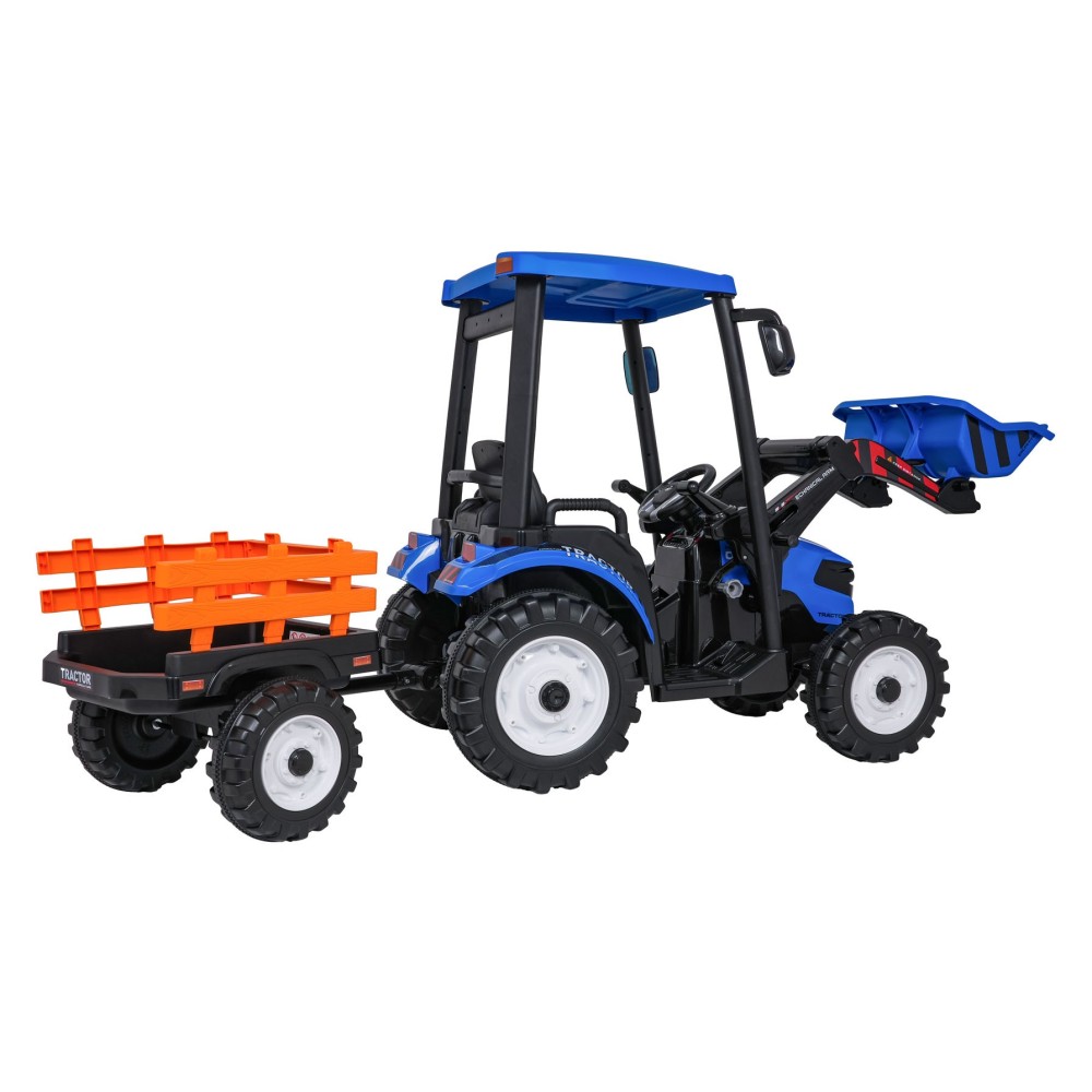 JOKO Elektrický Traktor s predným nakladačom a vlečkou D68, 2x200W 24V, kožené sedadlo, celková dĺžka 233cm, modrý