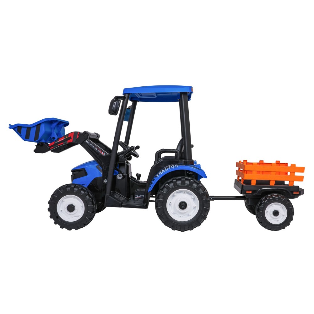 JOKO Elektrický Traktor s predným nakladačom a vlečkou D68, 2x200W 24V, kožené sedadlo, celková dĺžka 233cm, modrý