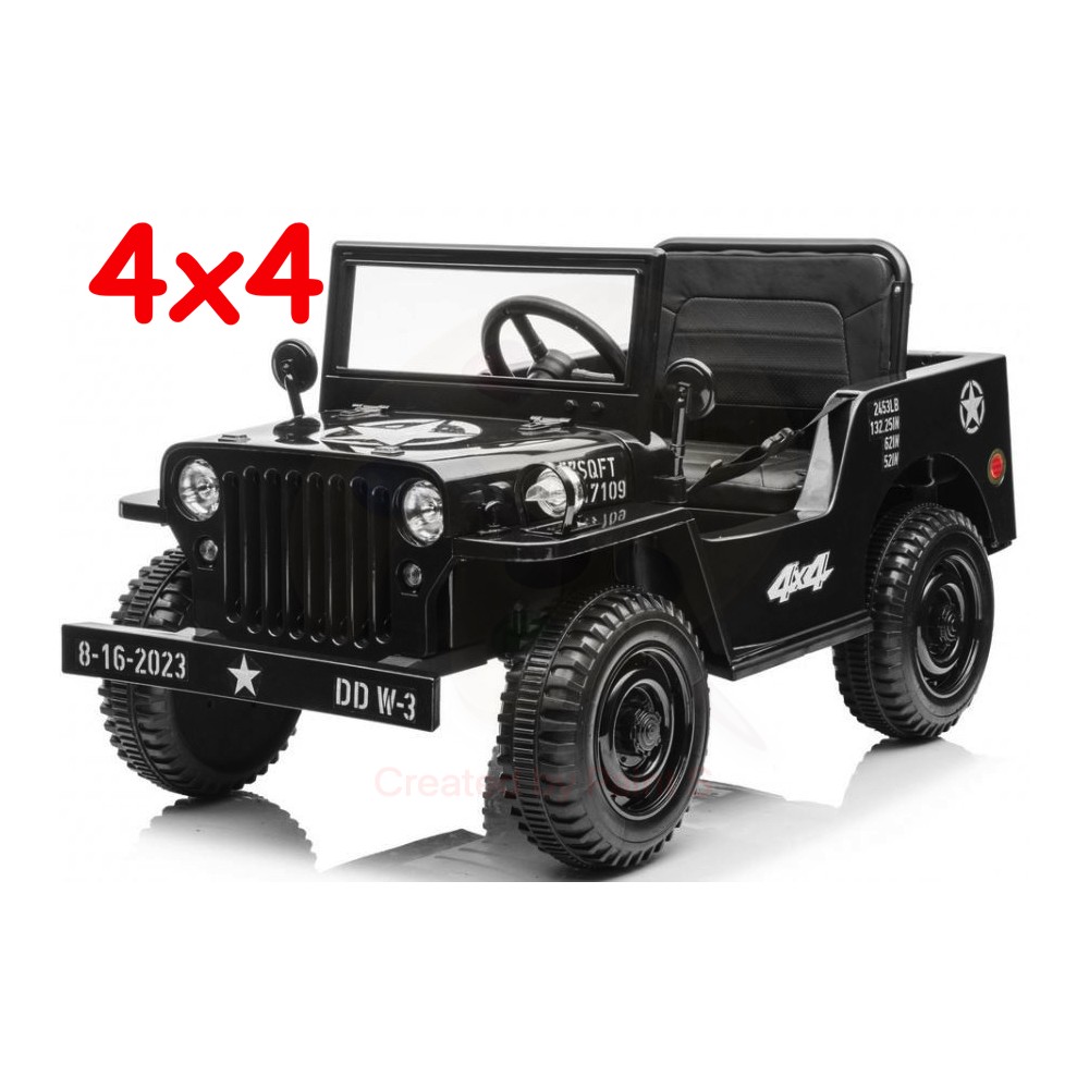 JOKO Elektrické autíčko Jeep Vojenský Retro Military 4x4, kožené sedadlo, penové kolesá, čierne