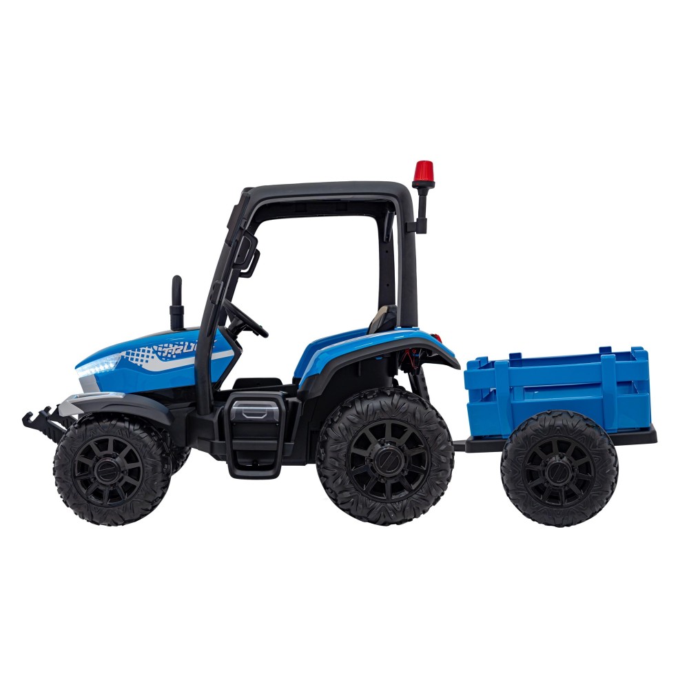 JOKO Elektrický traktor s vlečkou Blast 2x200W 24V, penové kolesá, kožené sedadlo, modrý