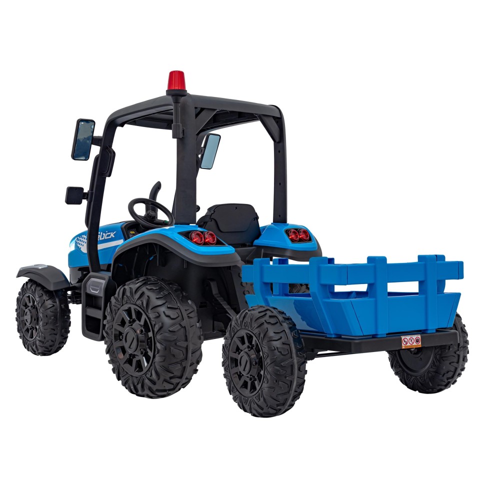 JOKO Elektrický traktor s vlečkou Blast 2x200W 24V, penové kolesá, kožené sedadlo, modrý