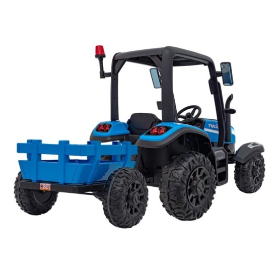 JOKO Elektrický traktor s vlečkou Blast 2x200W 24V, penové kolesá, kožené sedadlo, modrý