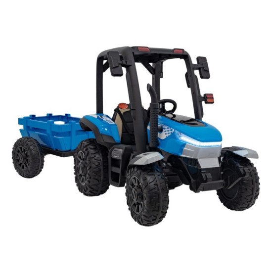 JOKO Elektrický traktor s vlečkou Blast 2x200W 24V, penové kolesá, kožené sedadlo, modrý