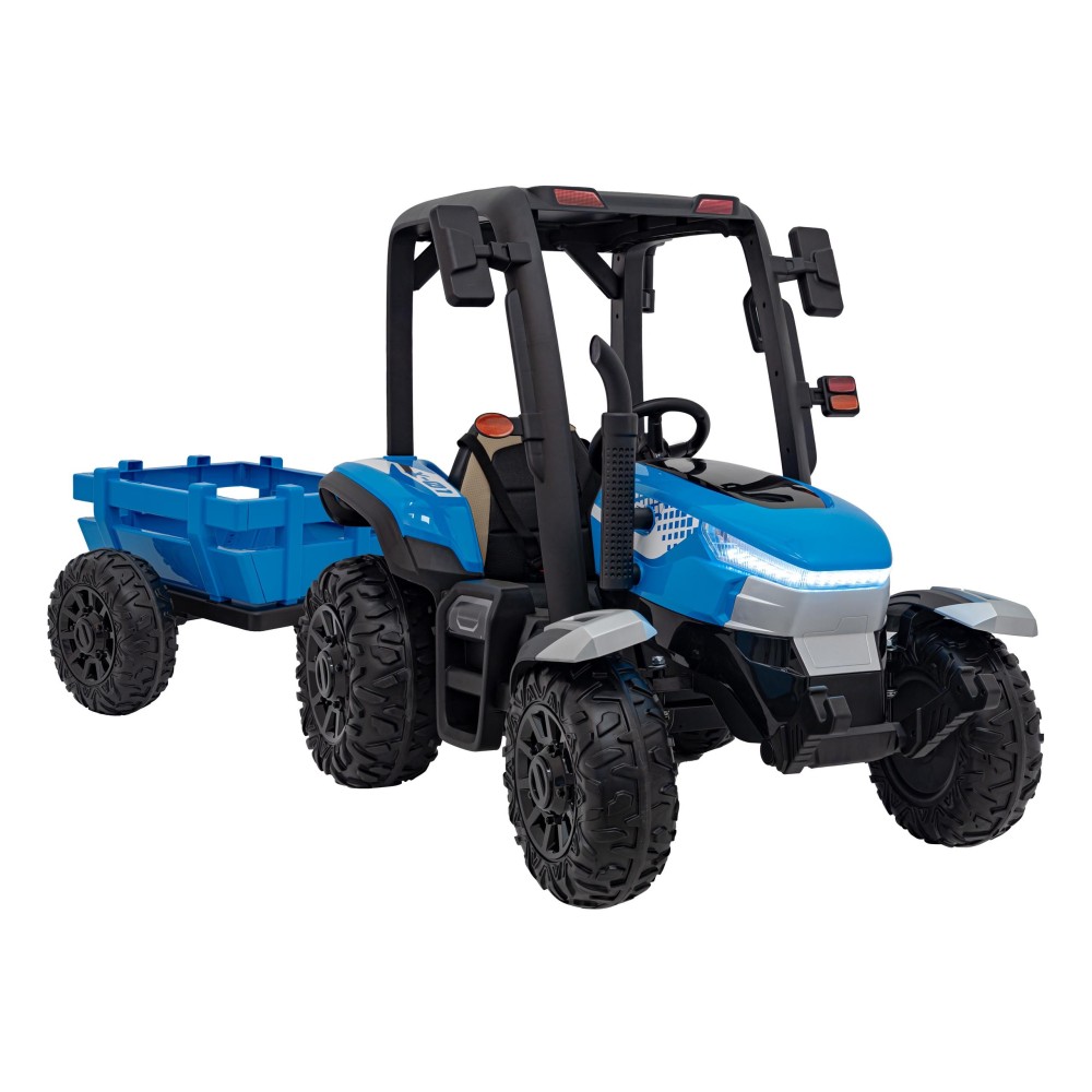 JOKO Elektrický traktor s vlečkou Blast 2x200W 24V, penové kolesá, kožené sedadlo, modrý