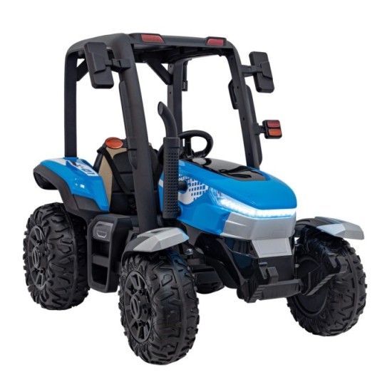 JOKO Elektrický traktor s vlečkou Blast 2x200W 24V, penové kolesá, kožené sedadlo, modrý
