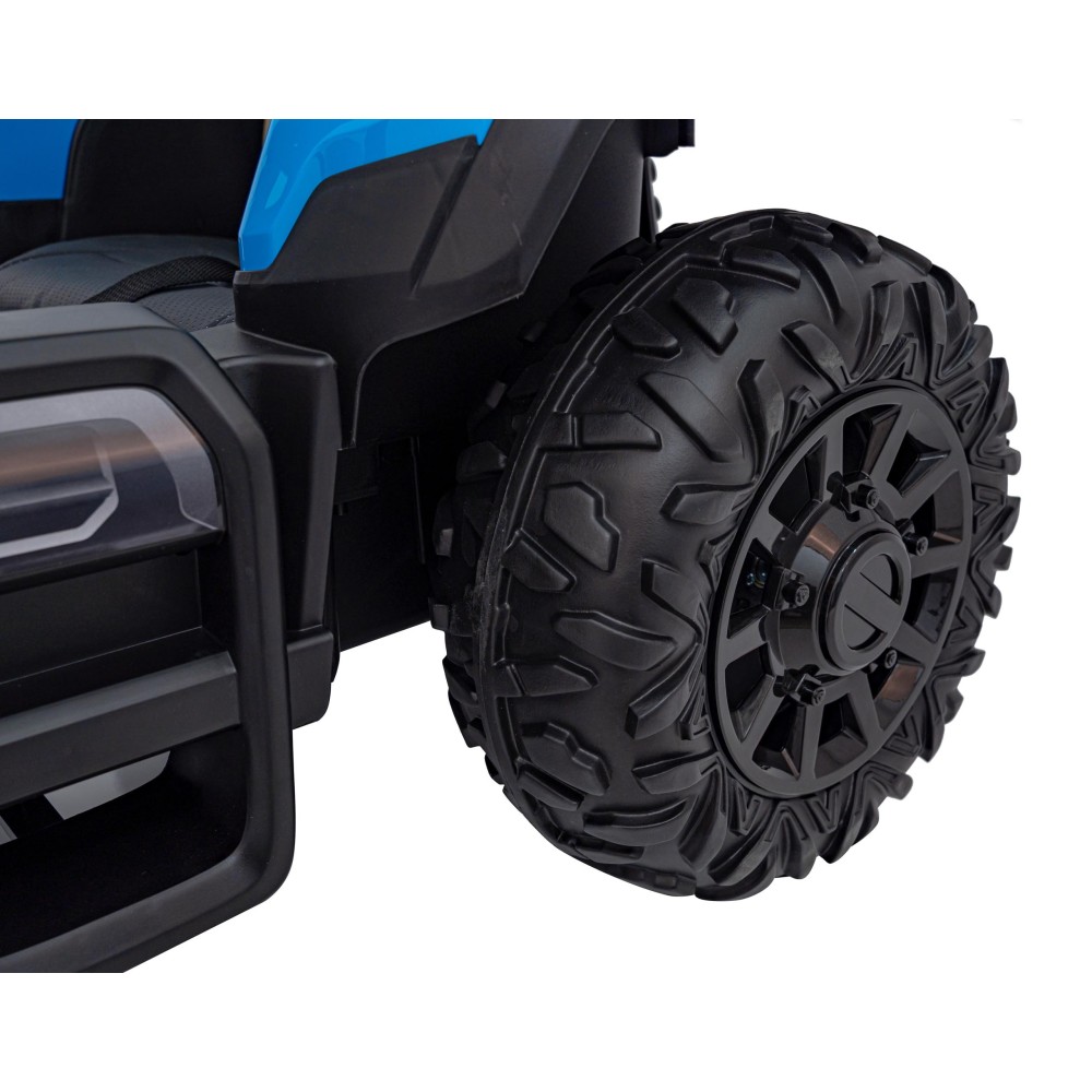 JOKO Elektrický traktor s vlečkou Blast 2x200W 24V, penové kolesá, kožené sedadlo, modrý