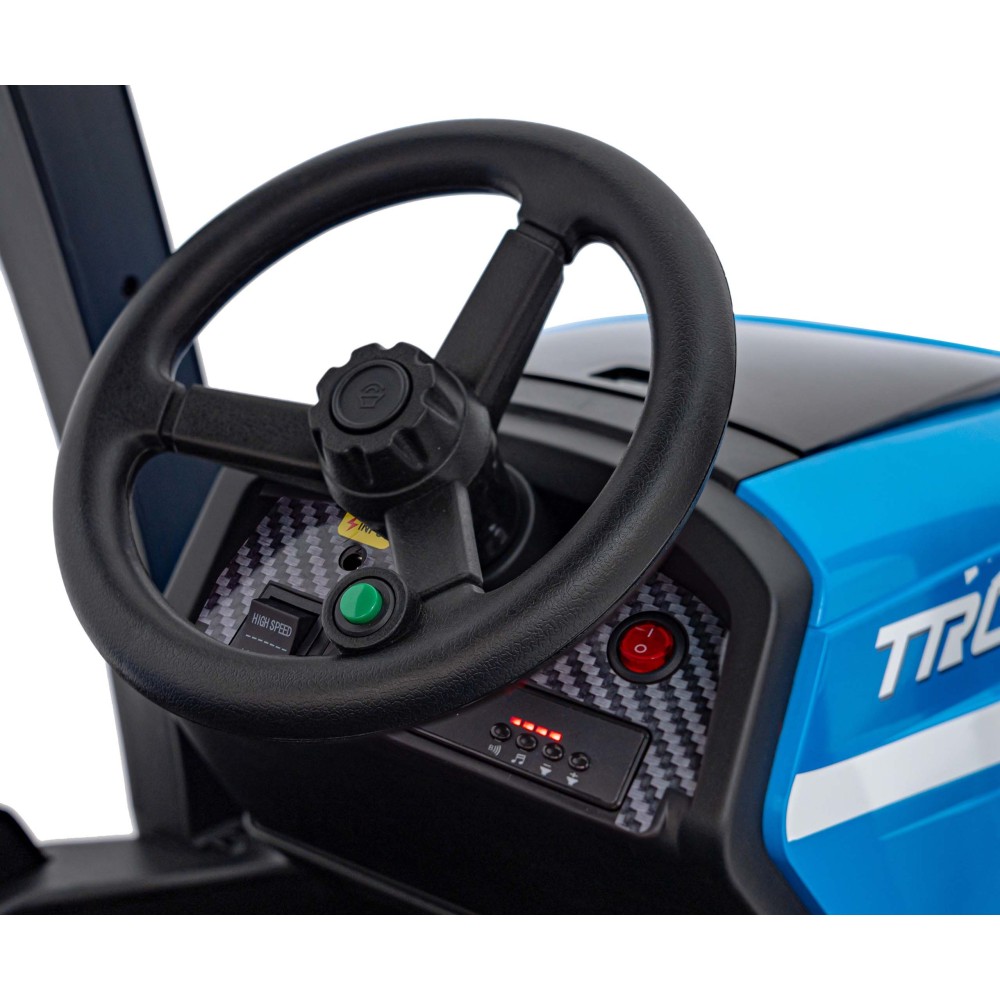 JOKO Elektrický traktor s vlečkou Blast 2x200W 24V, penové kolesá, kožené sedadlo, modrý