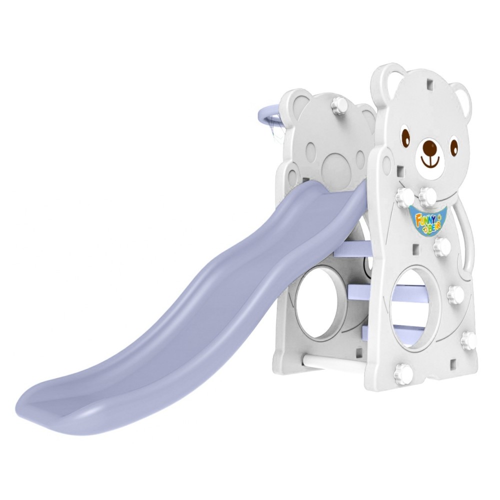 JOKO Detská záhradná, plastová šmýkačka + hojdačka + basketbalový kôš 4v1, medveď, bielo/fialová