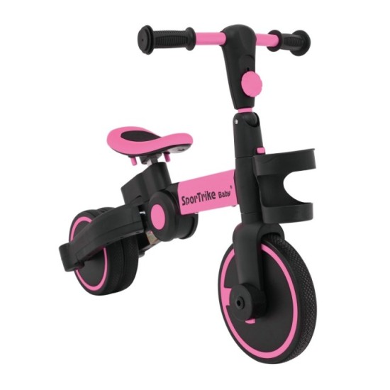 SporTrike Odrážadlo, bicykel Happy Bike 3v1 s Vodiacou tyčou, gumové kolesá, ružové