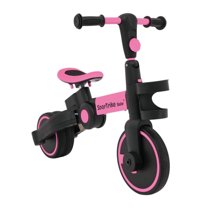 SporTrike Odrážadlo, bicykel Happy Bike 3v1 s Vodiacou tyčou, gumové kolesá, ružové
