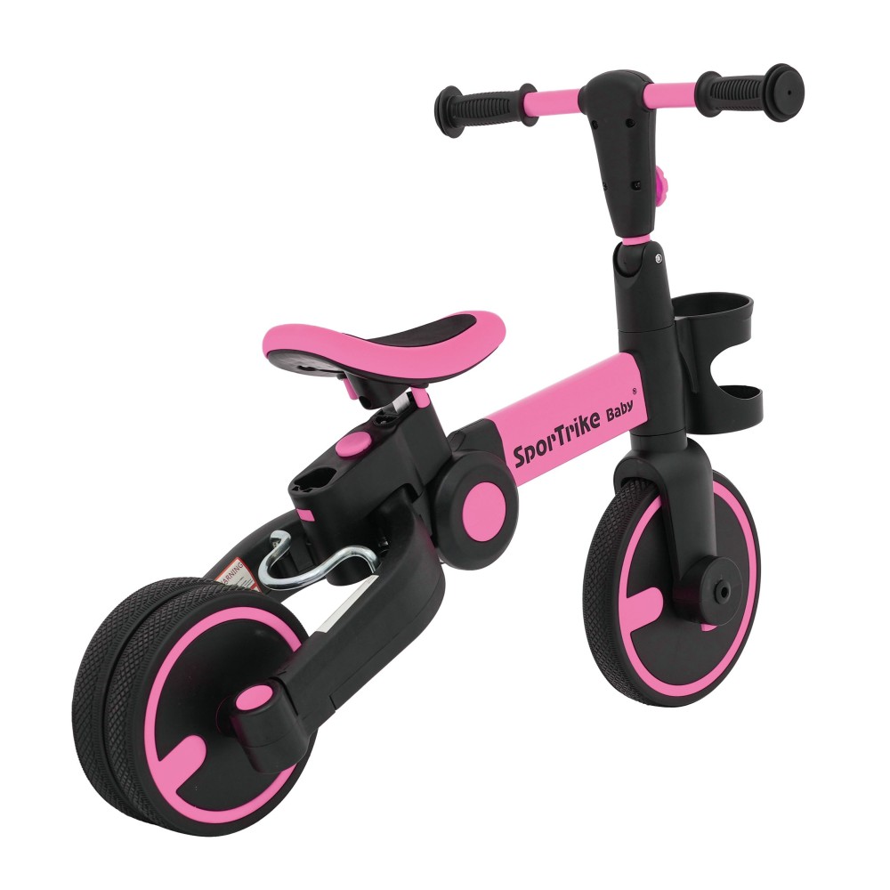 SporTrike Odrážadlo, bicykel Happy Bike 3v1 s Vodiacou tyčou, gumové kolesá, ružové