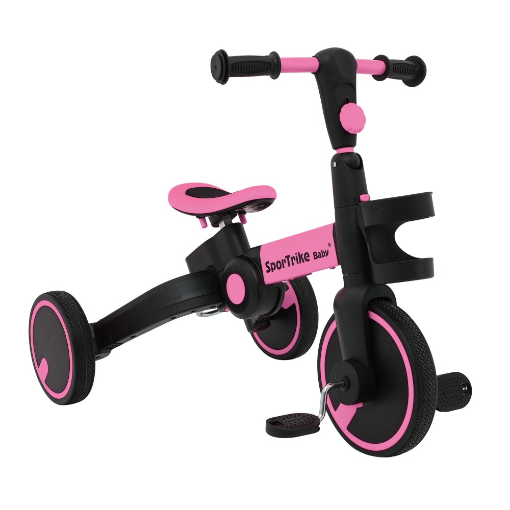 SporTrike Odrážadlo, bicykel Happy Bike 3v1 s Vodiacou tyčou, gumové kolesá, ružové
