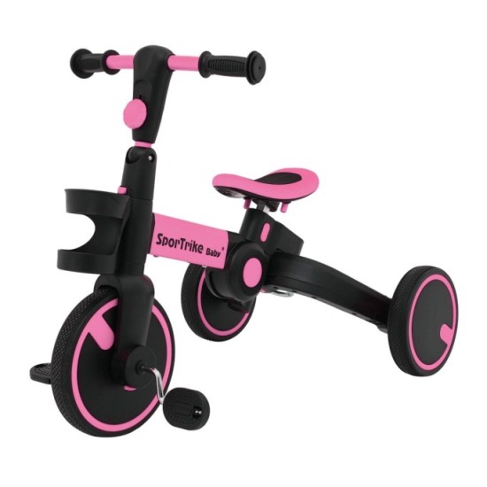SporTrike Odrážadlo, bicykel Happy Bike 3v1 s Vodiacou tyčou, gumové kolesá, ružové