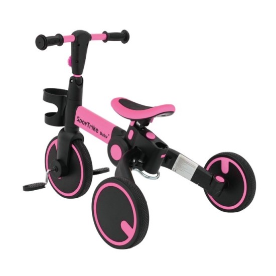 SporTrike Odrážadlo, bicykel Happy Bike 3v1 s Vodiacou tyčou, gumové kolesá, ružové