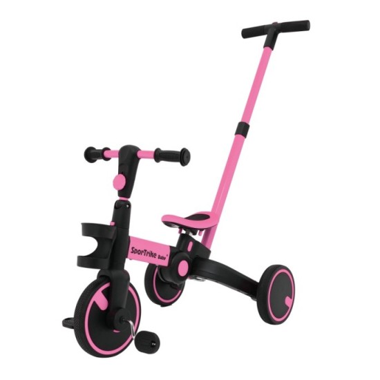 SporTrike Odrážadlo, bicykel Happy Bike 3v1 s Vodiacou tyčou, gumové kolesá, ružové