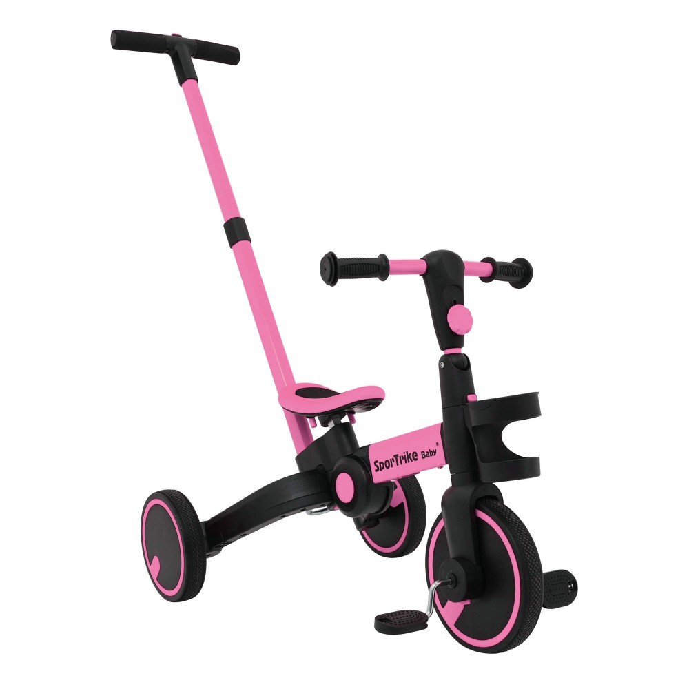 SporTrike Odrážadlo, bicykel Happy Bike 3v1 s Vodiacou tyčou, gumové kolesá, ružové