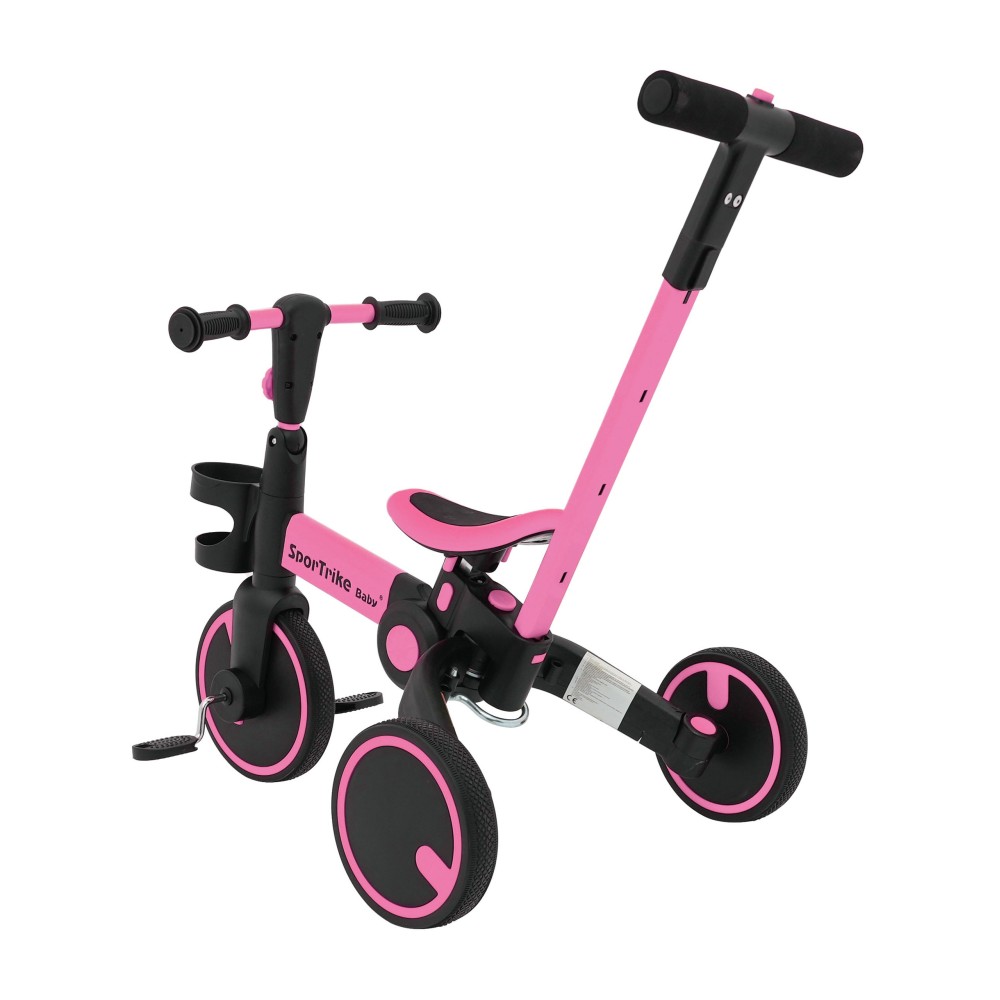 SporTrike Odrážadlo, bicykel Happy Bike 3v1 s Vodiacou tyčou, gumové kolesá, ružové