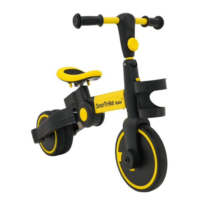 SporTrike Odrážadlo, bicykel Happy Bike 3v1 s Vodiacou tyčou, gumové kolesá, žlté