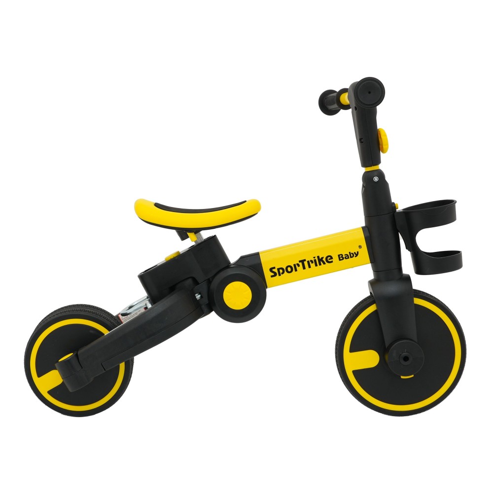 SporTrike Odrážadlo, bicykel Happy Bike 3v1 s Vodiacou tyčou, gumové kolesá, žlté