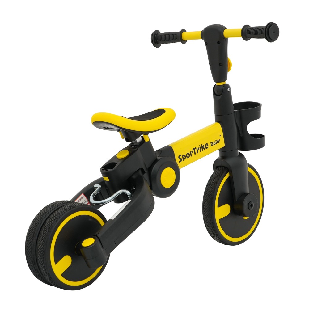 SporTrike Odrážadlo, bicykel Happy Bike 3v1 s Vodiacou tyčou, gumové kolesá, žlté