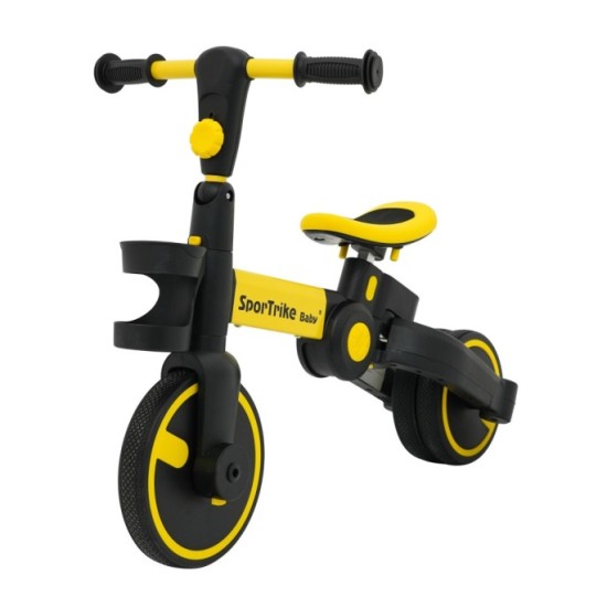 SporTrike Odrážadlo, bicykel Happy Bike 3v1 s Vodiacou tyčou, gumové kolesá, žlté