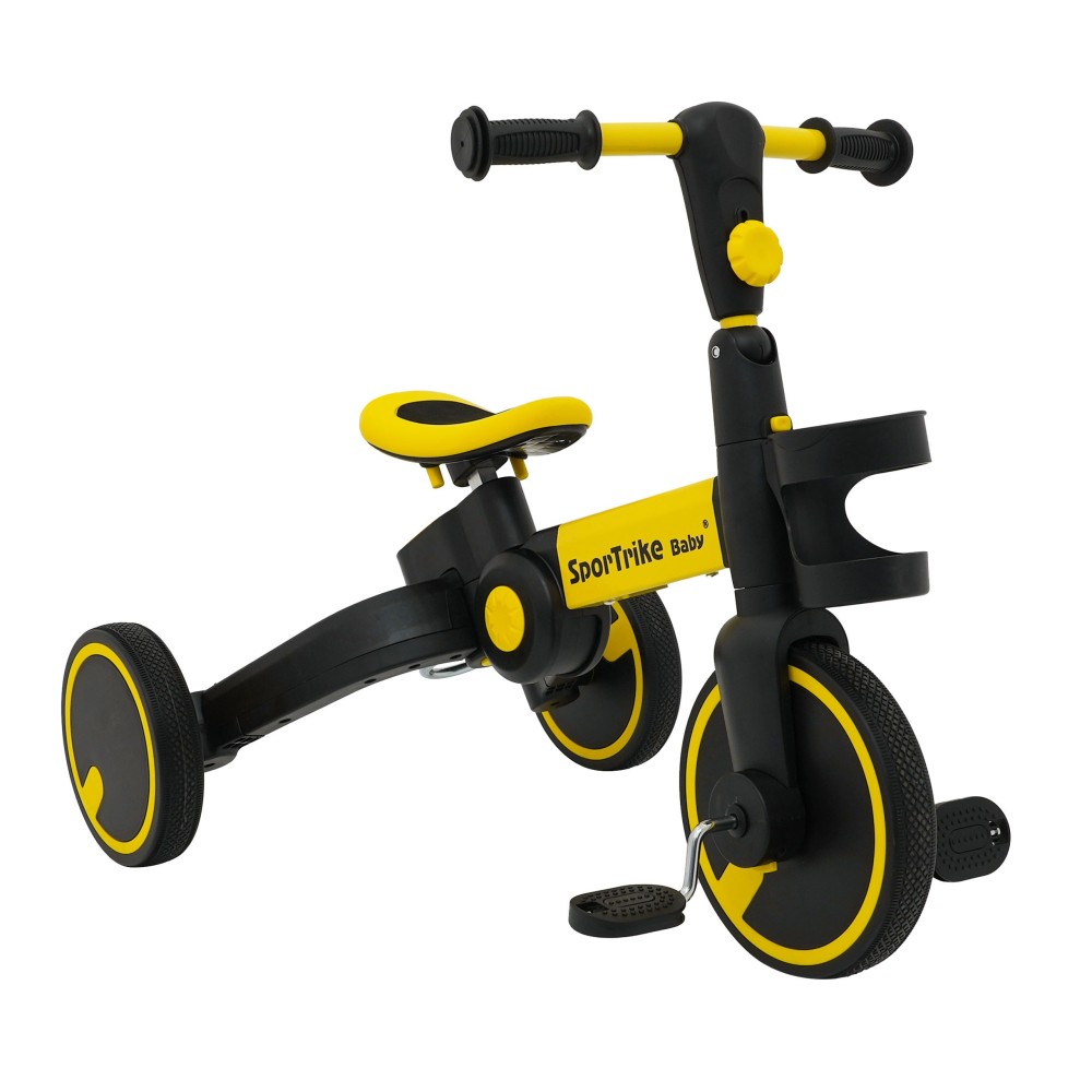 SporTrike Odrážadlo, bicykel Happy Bike 3v1 s Vodiacou tyčou, gumové kolesá, žlté