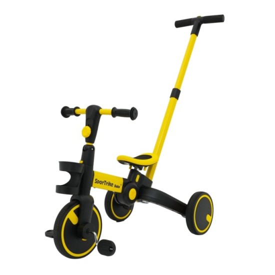 SporTrike Odrážadlo, bicykel Happy Bike 3v1 s Vodiacou tyčou, gumové kolesá, žlté