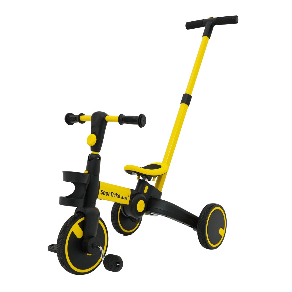SporTrike Odrážadlo, bicykel Happy Bike 3v1 s Vodiacou tyčou, gumové kolesá, žlté