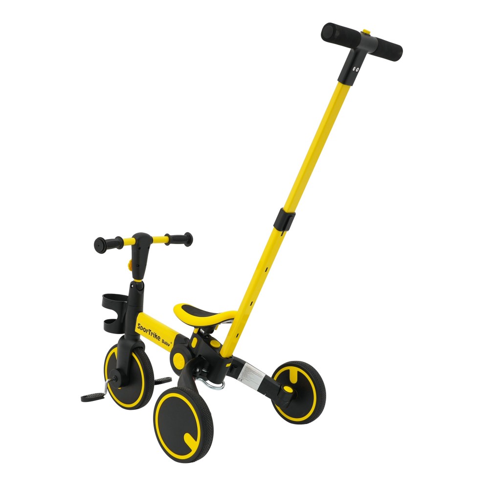 SporTrike Odrážadlo, bicykel Happy Bike 3v1 s Vodiacou tyčou, gumové kolesá, žlté