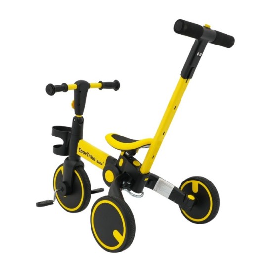 SporTrike Odrážadlo, bicykel Happy Bike 3v1 s Vodiacou tyčou, gumové kolesá, žlté