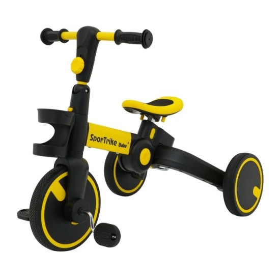 SporTrike Odrážadlo, bicykel Happy Bike 3v1 s Vodiacou tyčou, gumové kolesá, žlté