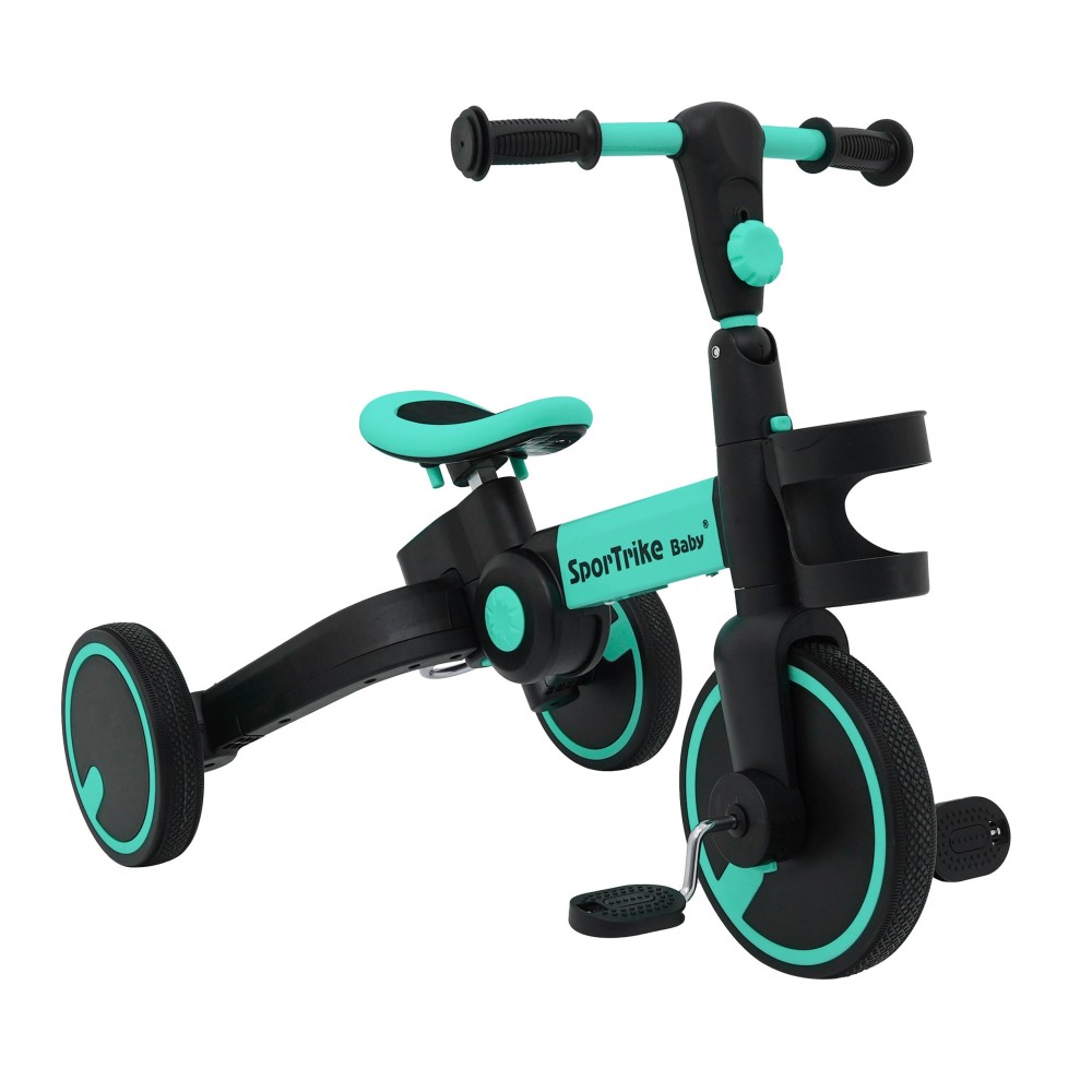 SporTrike Odrážadlo, bicykel Happy Bike 3v1 s Vodiacou tyčou, gumové kolesá, modré