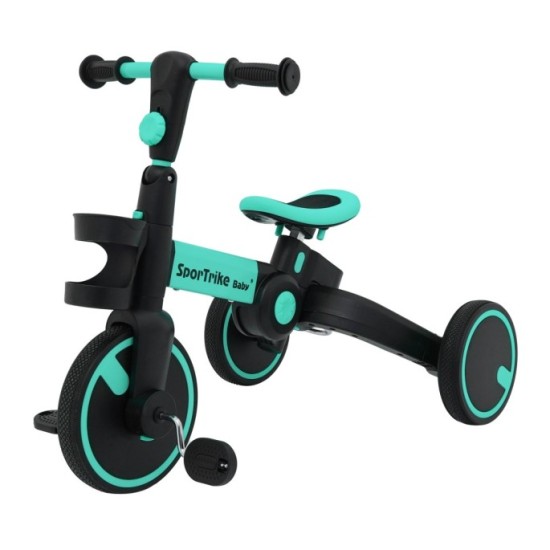 SporTrike Odrážadlo, bicykel Happy Bike 3v1 s Vodiacou tyčou, gumové kolesá, modré