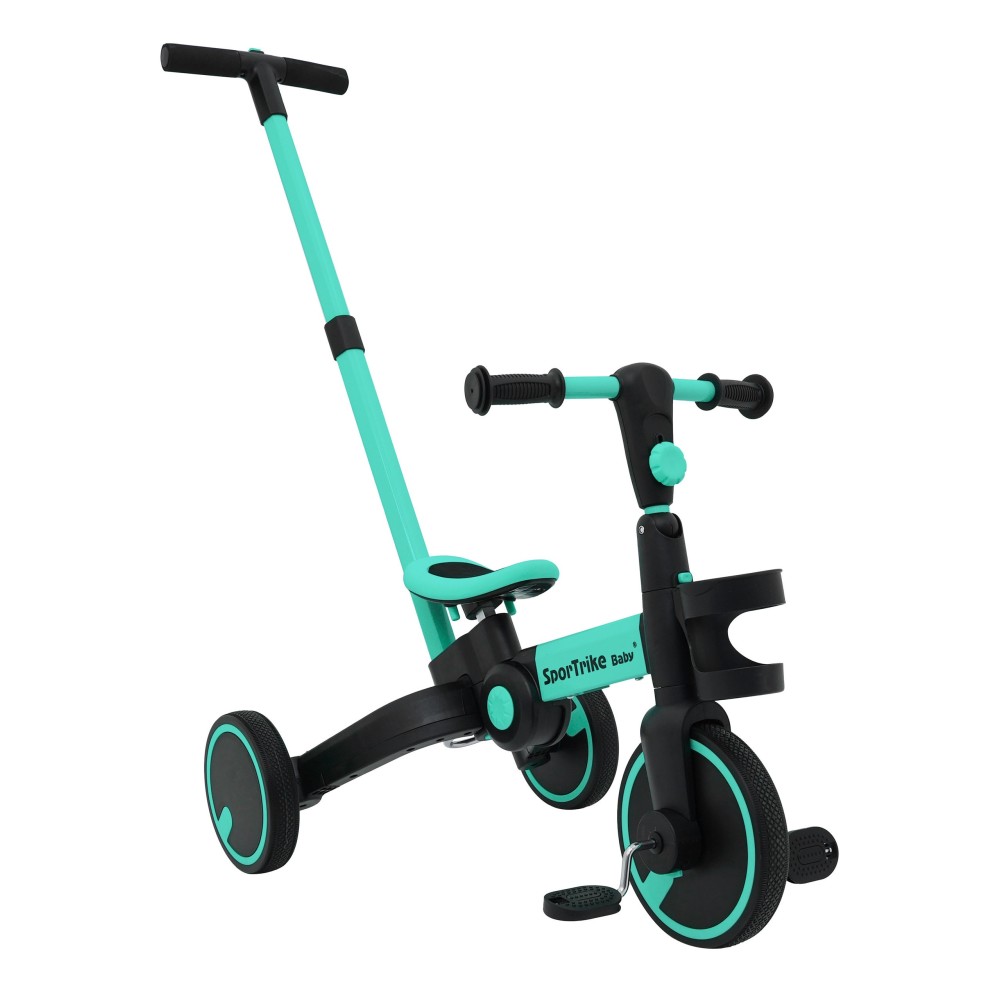 SporTrike Odrážadlo, bicykel Happy Bike 3v1 s Vodiacou tyčou, gumové kolesá, modré