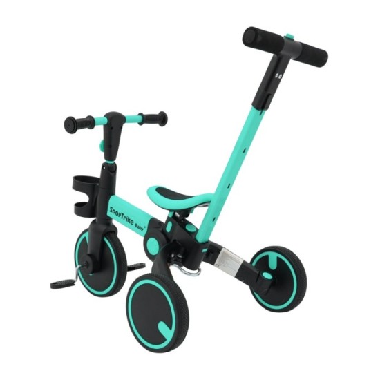 SporTrike Odrážadlo, bicykel Happy Bike 3v1 s Vodiacou tyčou, gumové kolesá, modré