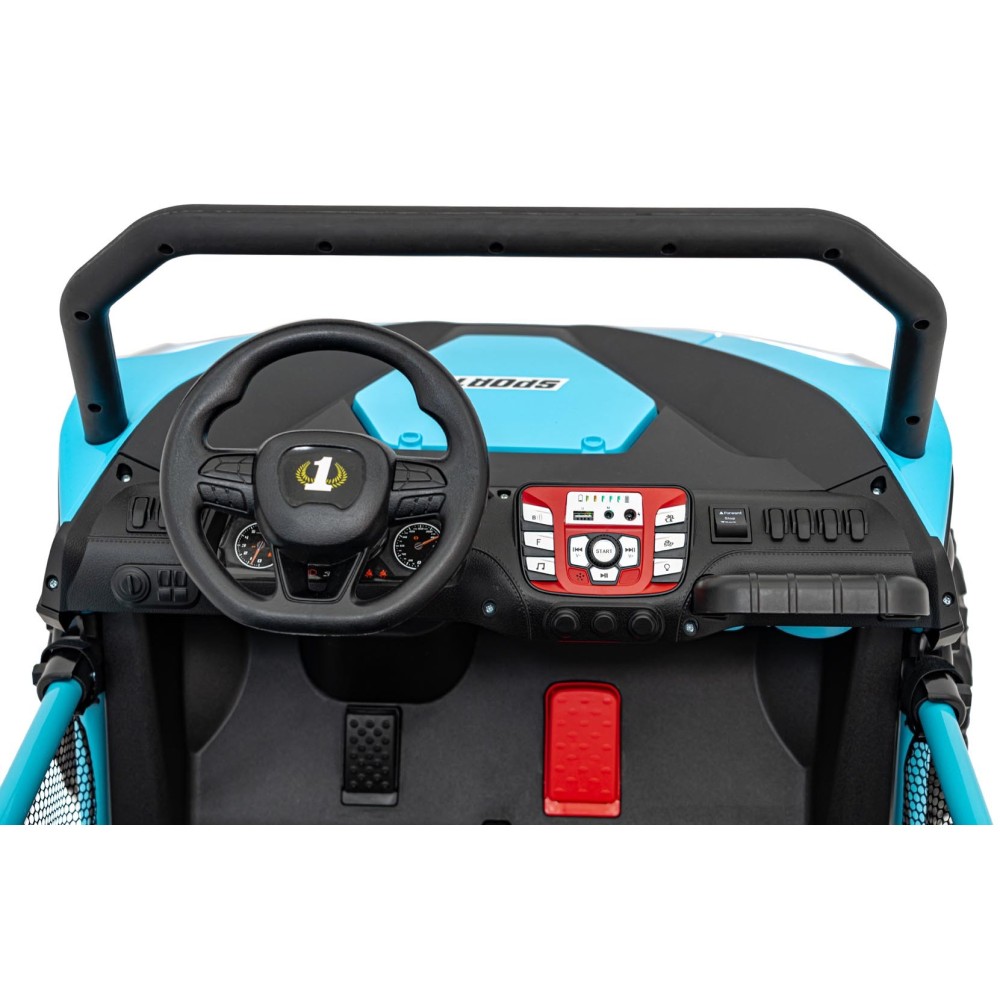 JOKO Elektrické autíčko Buggy FASTER 2x150W, DVOJMIESTNE kožené sedadlo, nosnosť 60kg, penové kolesá, FM rádio, modré