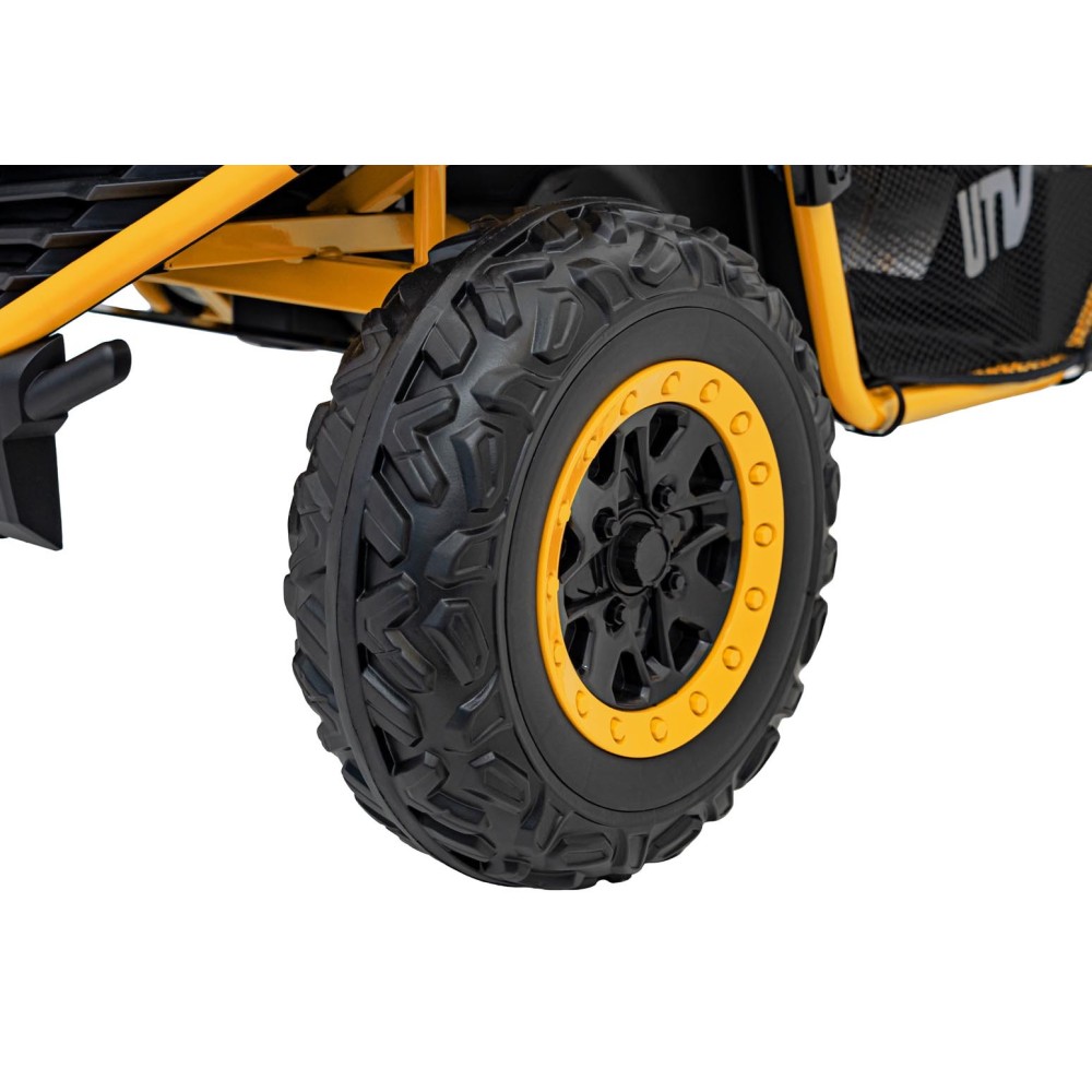 JOKO Elektrické autíčko Buggy FASTER 2x150W, DVOJMIESTNE kožené sedadlo, nosnosť 60kg, penové kolesá, FM rádio, žlté