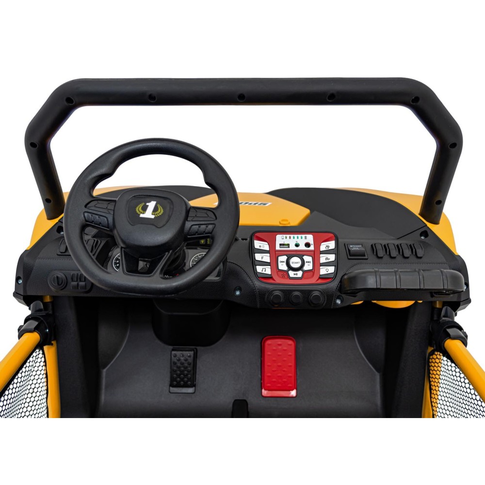 JOKO Elektrické autíčko Buggy FASTER 2x150W, DVOJMIESTNE kožené sedadlo, nosnosť 60kg, penové kolesá, FM rádio, žlté