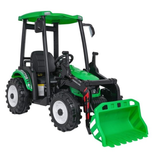 JOKO Elektrický Traktor s predným nakladačom a vlečkou D68, 2x200W 24V, kožené sedadlo, celková dĺžka 233cm, zelený