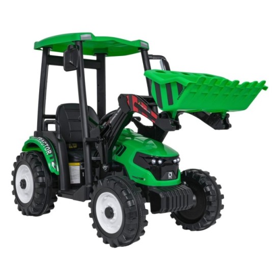 JOKO Elektrický Traktor s predným nakladačom a vlečkou D68, 2x200W 24V, kožené sedadlo, celková dĺžka 233cm, zelený