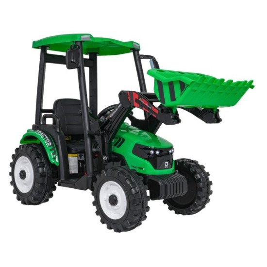 JOKO Elektrický Traktor s predným nakladačom a vlečkou D68, 2x200W 24V, kožené sedadlo, celková dĺžka 233cm, zelený