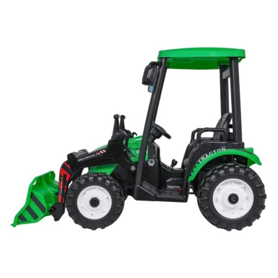 JOKO Elektrický Traktor s predným nakladačom a vlečkou D68, 2x200W 24V, kožené sedadlo, celková dĺžka 233cm, zelený