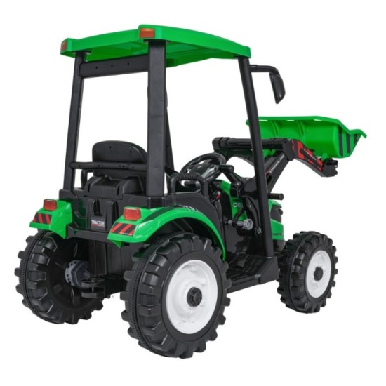 JOKO Elektrický Traktor s predným nakladačom a vlečkou D68, 2x200W 24V, kožené sedadlo, celková dĺžka 233cm, zelený