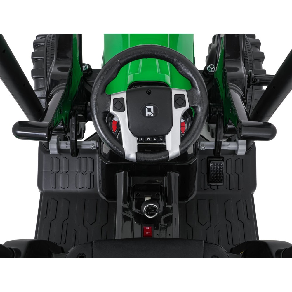 JOKO Elektrický Traktor s predným nakladačom a vlečkou D68, 2x200W 24V, kožené sedadlo, celková dĺžka 233cm, zelený
