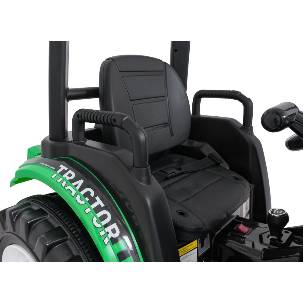 JOKO Elektrický Traktor s predným nakladačom a vlečkou D68, 2x200W 24V, kožené sedadlo, celková dĺžka 233cm, zelený